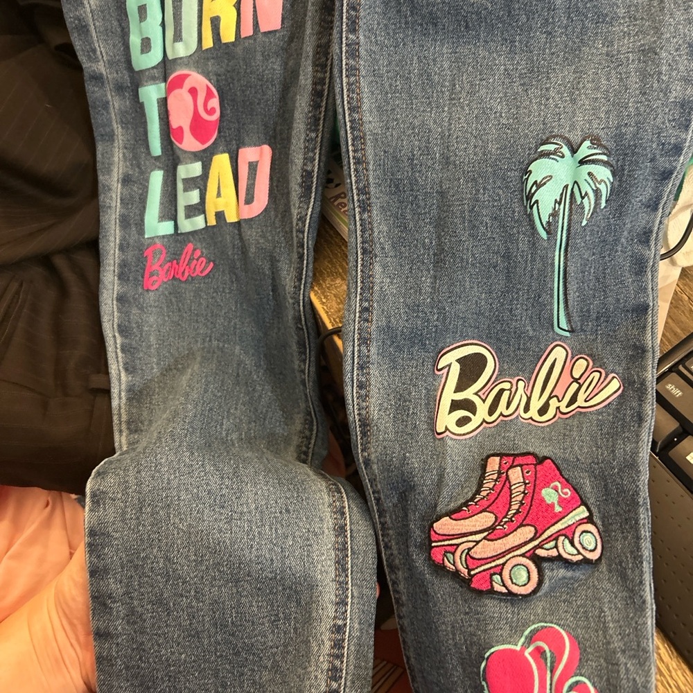 Barbie Girls Denim Jeans Size 12 “Born to Lead” Patchwork Pink Roller Skate